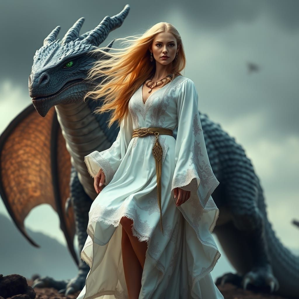 Ethereal Warrior Goddess with Majestic Dragon in Hyperrealis...