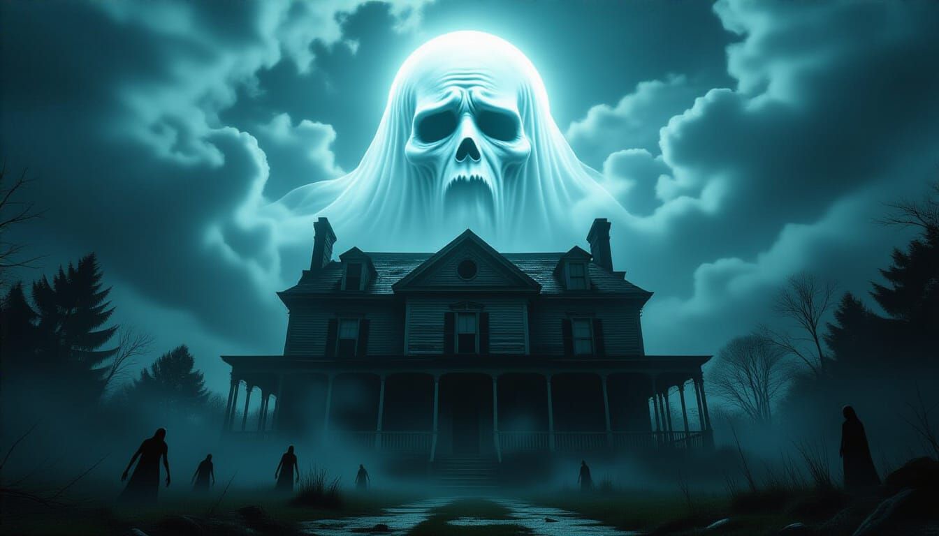 Ghostly Face Haunts Creepy Mansion Under Eerie Evening Sky