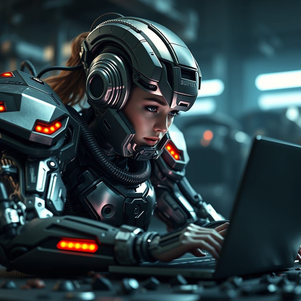 Future Female Artist in Epic Sci-Fi Workspace