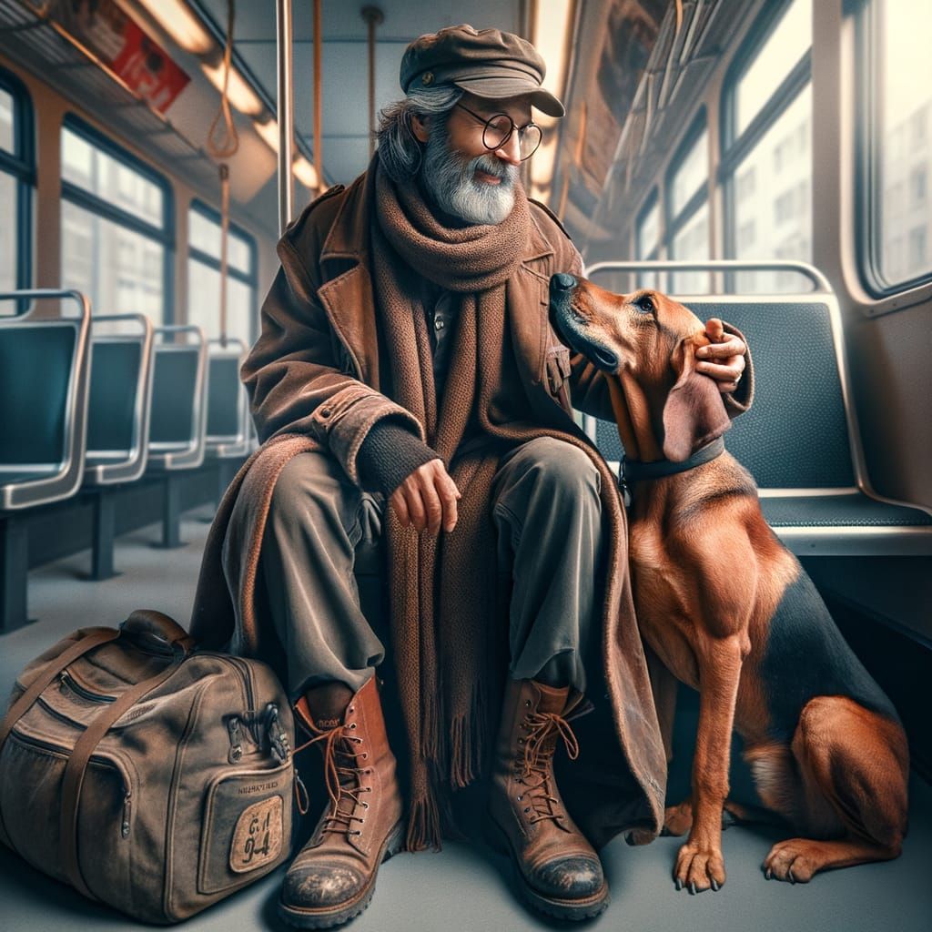 Man and Hound Share Affection on City Bus