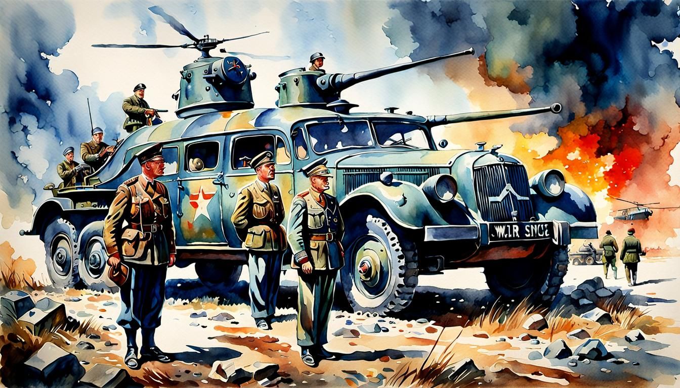 WWII German Commanders in Antique Watercolor Painting