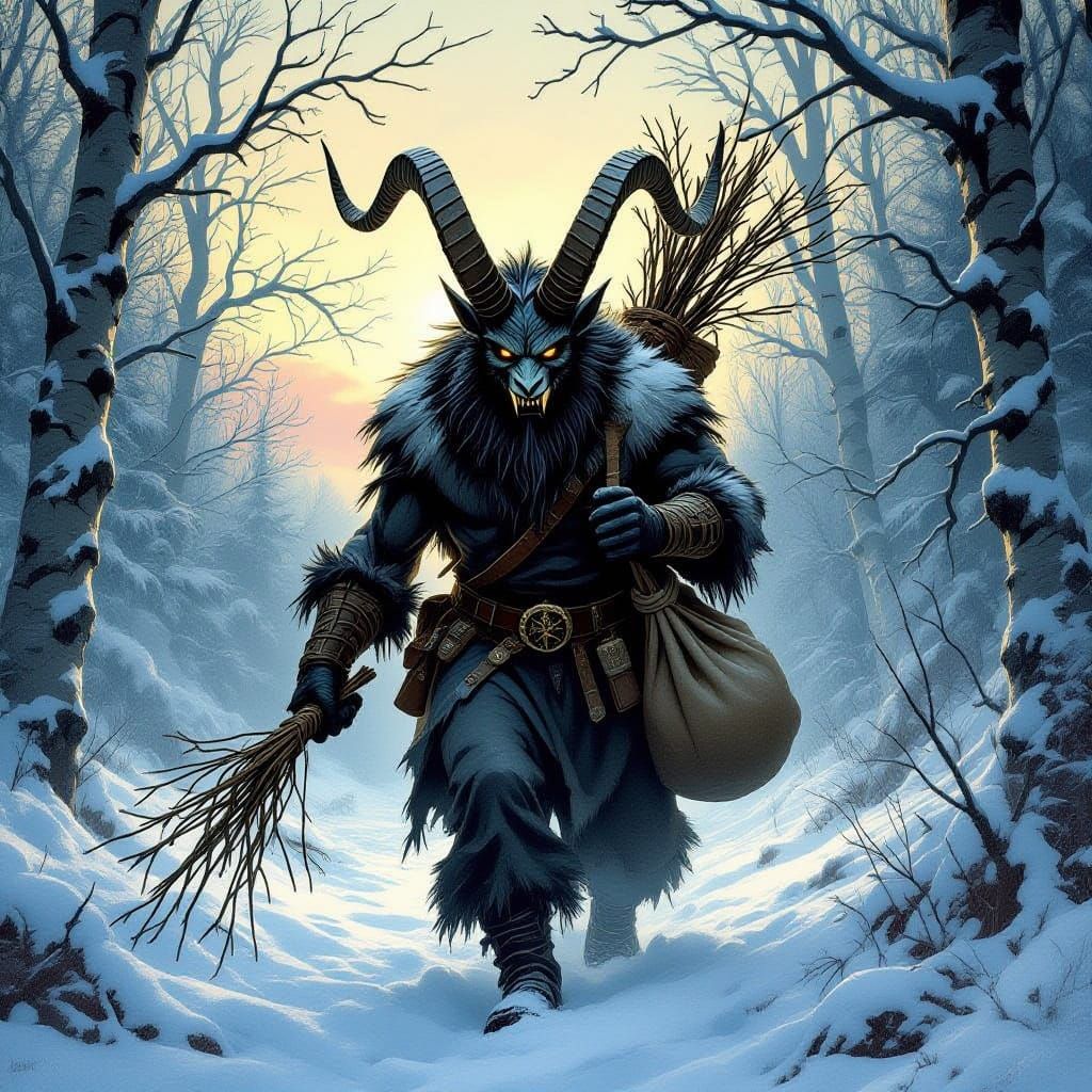 Fearsome Krampus Emerges from Ancient Forest at Dusk