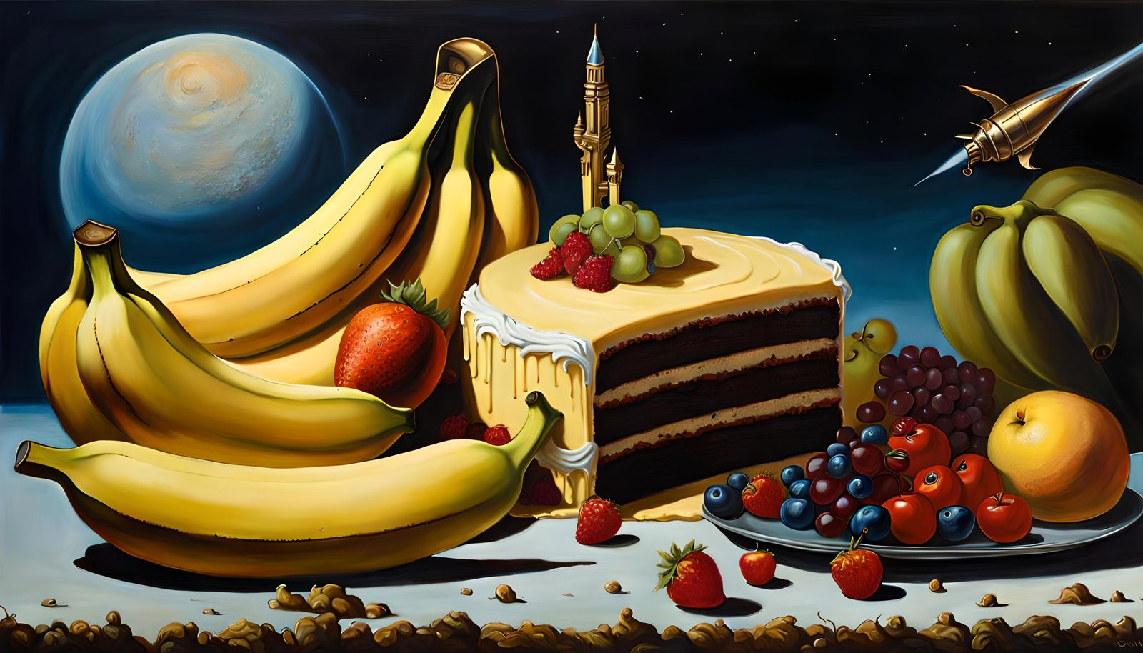 Banana Rocket Soars Near Fruit Planet: Dali Surrealism
