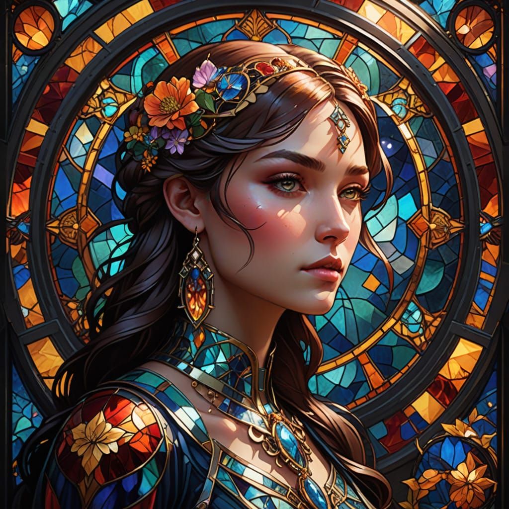 Ethereal Art Deco Stained Glass Goddess in Vibrant Color