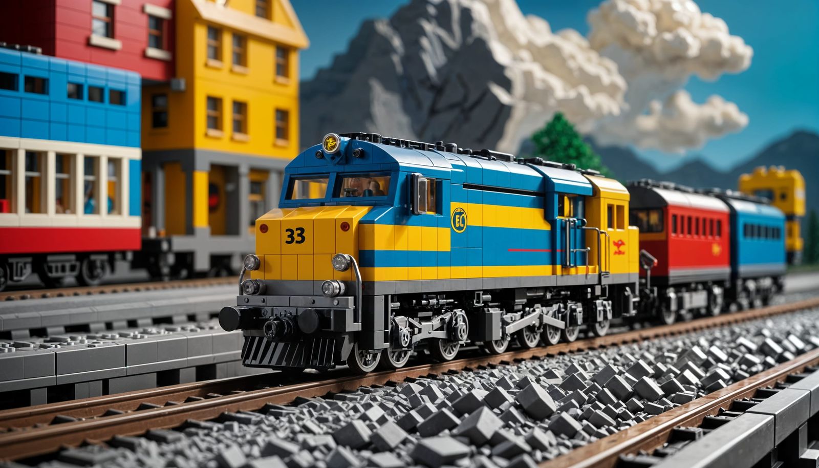 Hyperrealistic LEGO Train in Vibrant, Intricate Detail