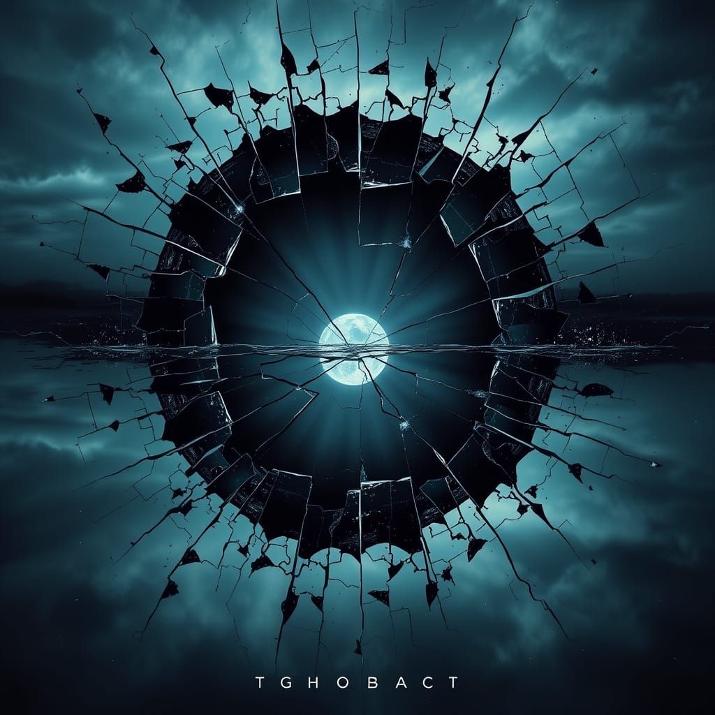 Shattered Mirror Reflecting Distorted Sky in Noir Style