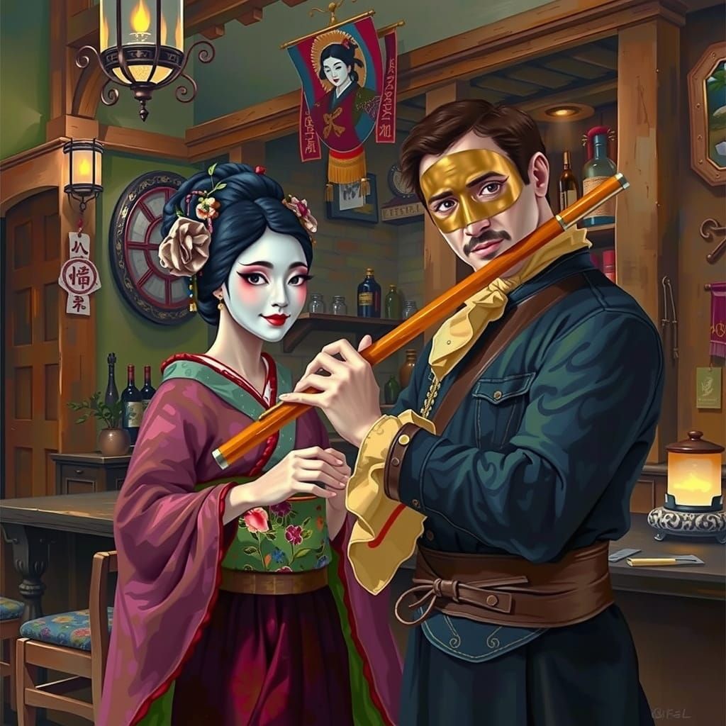 Renaissance Man and Geisha in Oil Painting Style