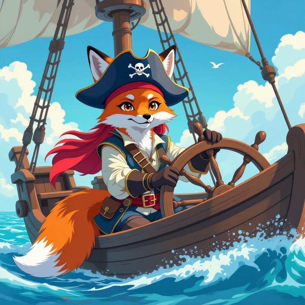 Fox Pirate Steers Ship in Anime Style