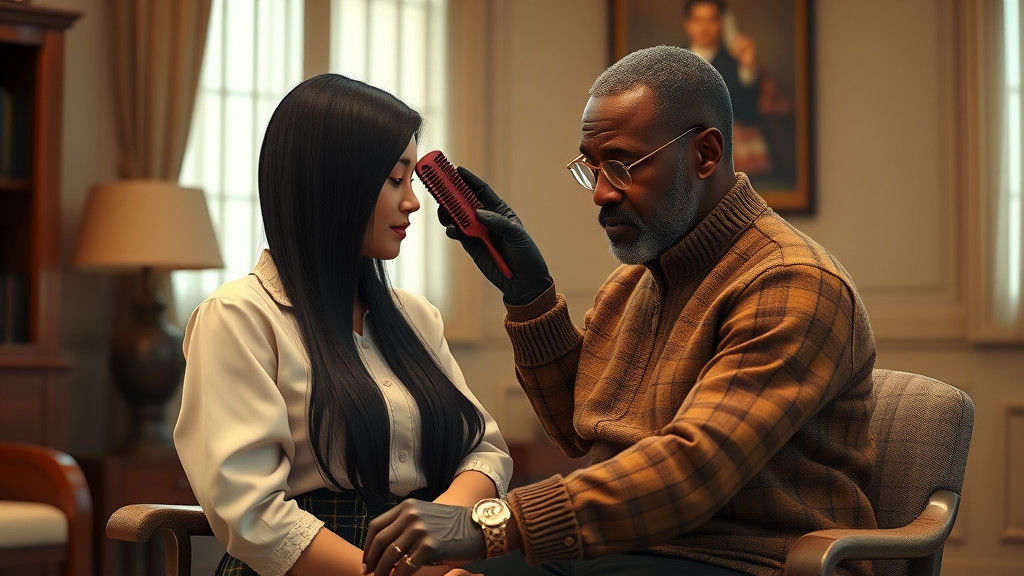 Loving Father Brushing Daughter's Hair, Hyperrealistic Rende...