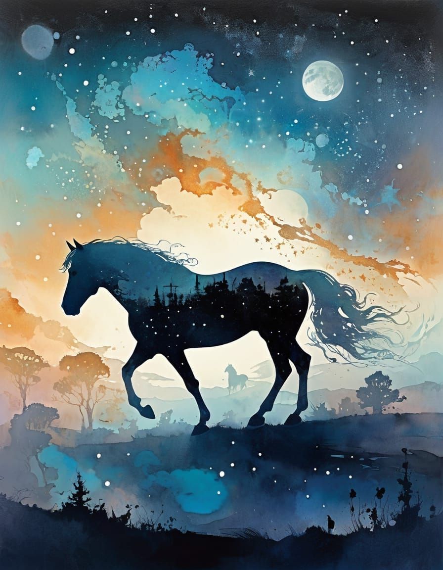 Horse Silhouette with Stars and Nebula