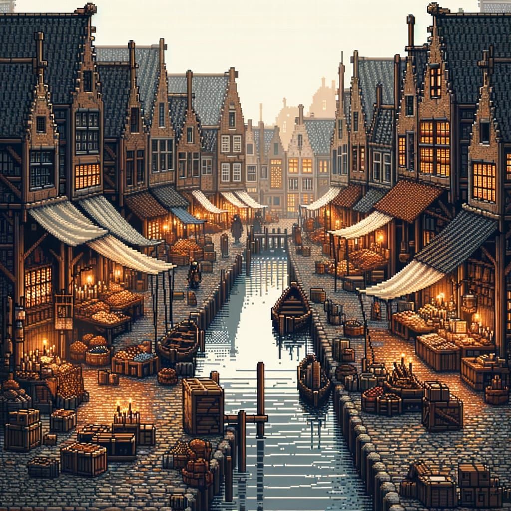 Dutch Medieval Slum Market Pixel Art in HD-2D Style