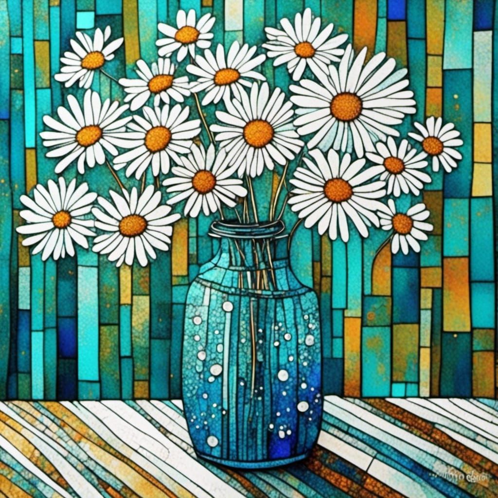 white daisy flowers : translucent blue glass vase half fille...