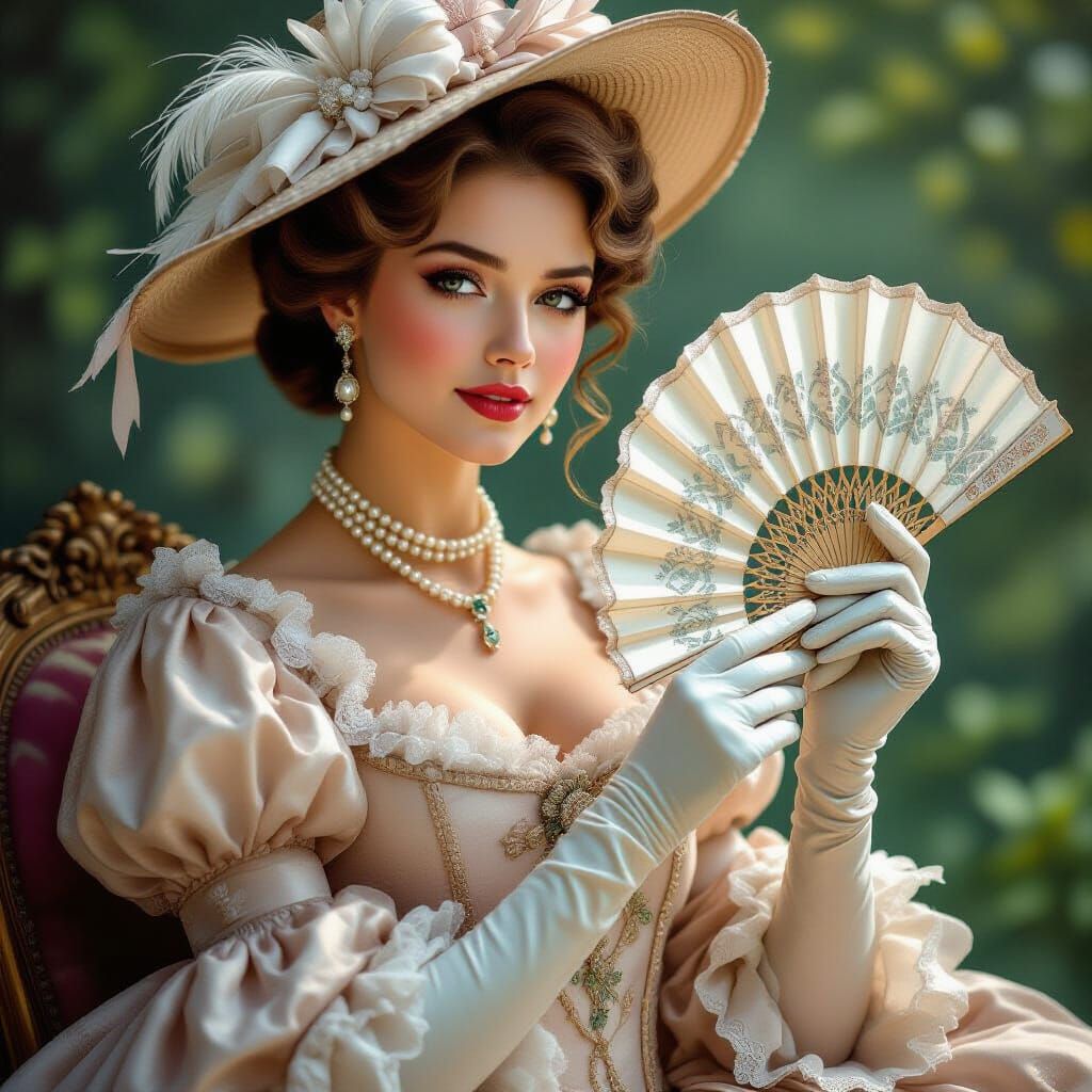 Elegant Lady in 1750s Gown with Feathered Fan