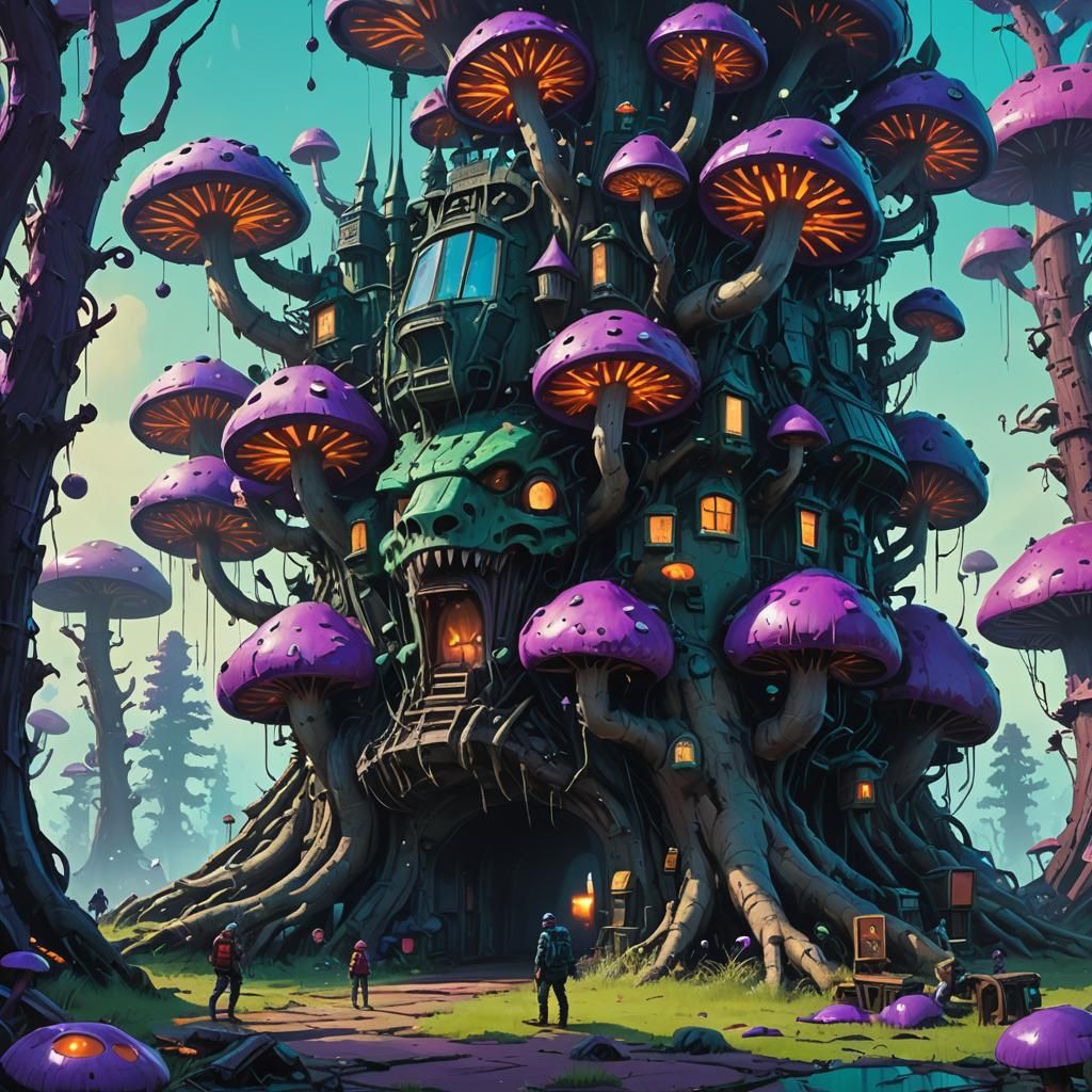 Spiky Metal Bouncy Castle in Dreamlike Landscape