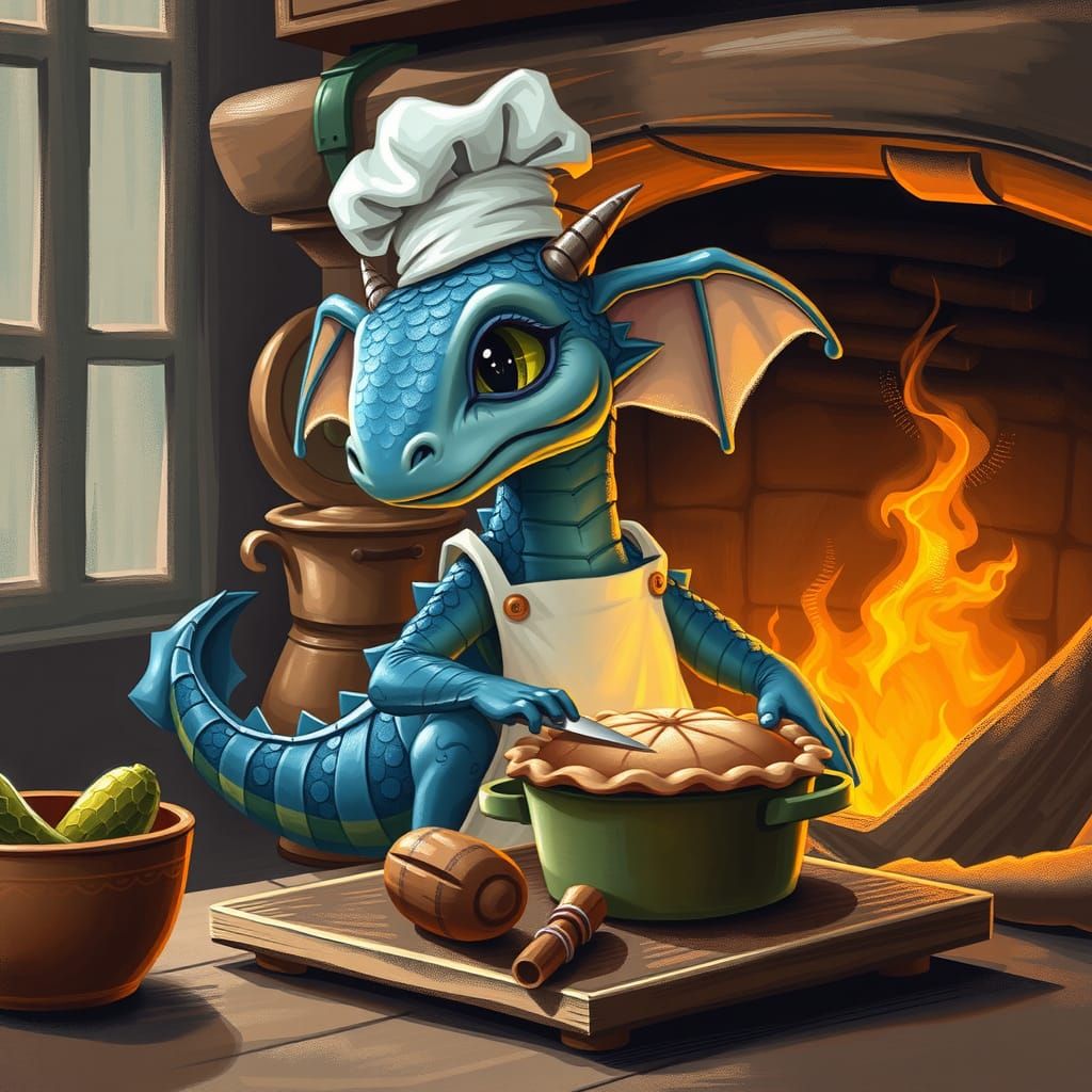 Blue Dragon Chef Cooking Pie, Neo-Impressionist Painting