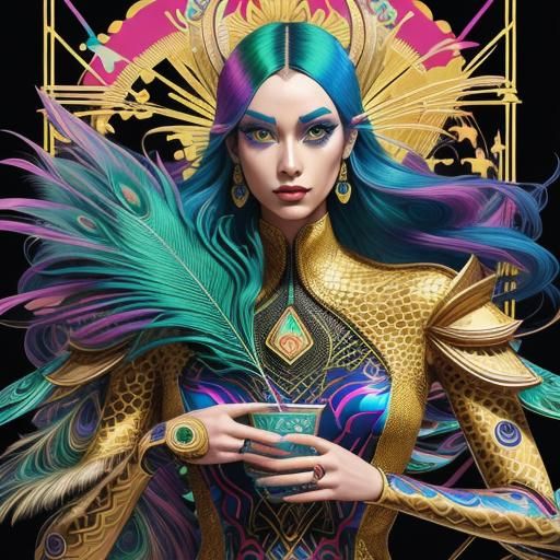 Geometric Pop Art Woman with Dragon Serpent Body