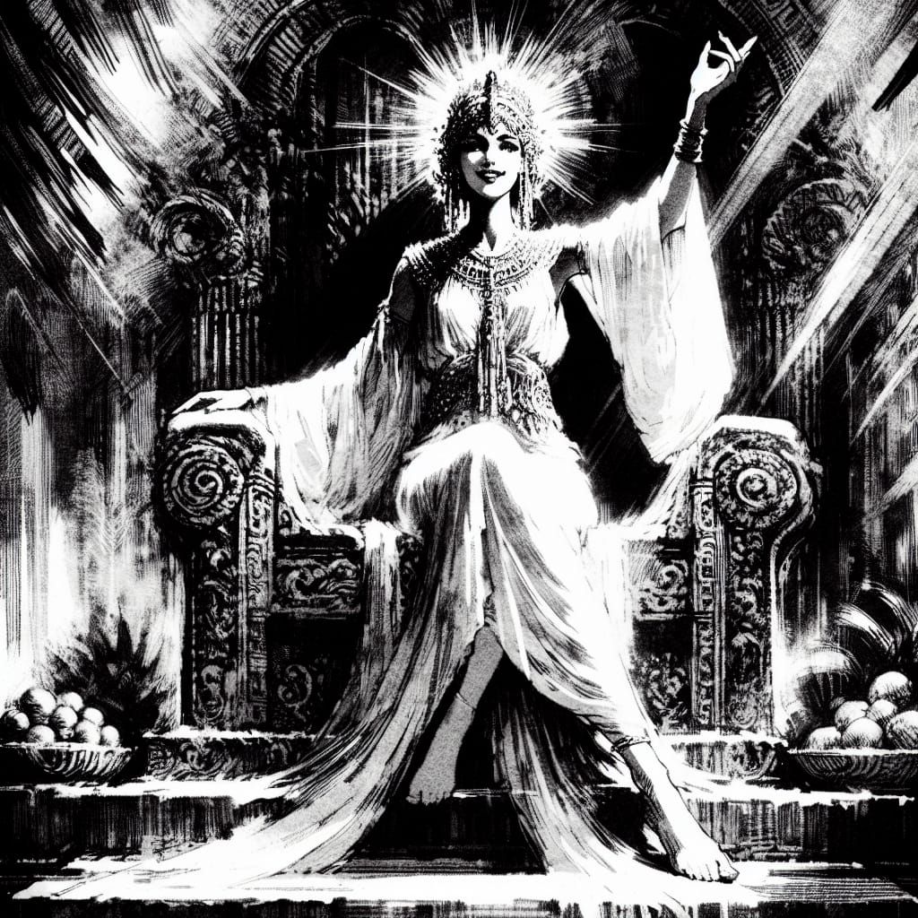 Goddess on Throne in Dramatic Black and White Style