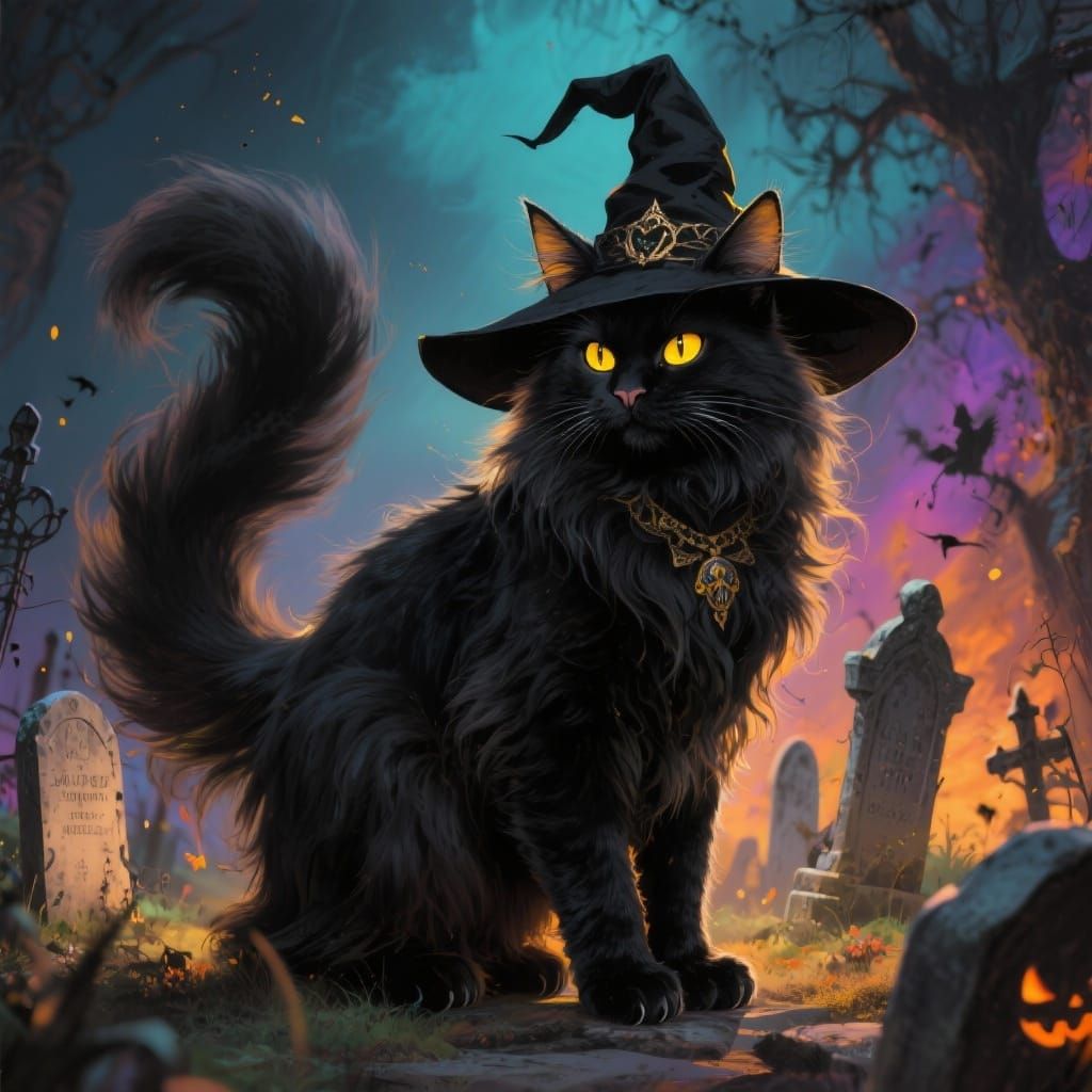 Black Maine Coon Witch Cat Halloween Portrait