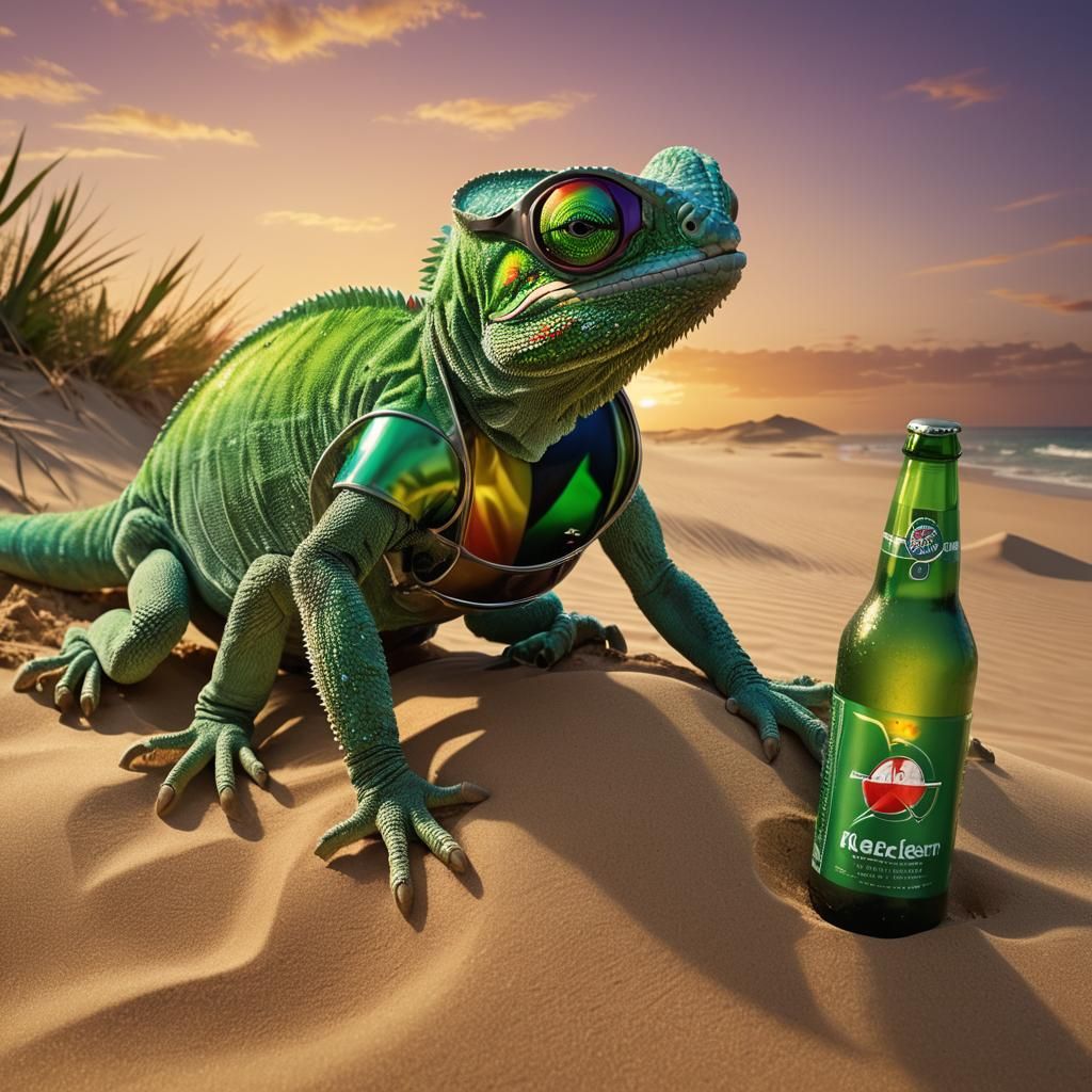 Chameleon on Tropical Beach at Sunset in Neon Style