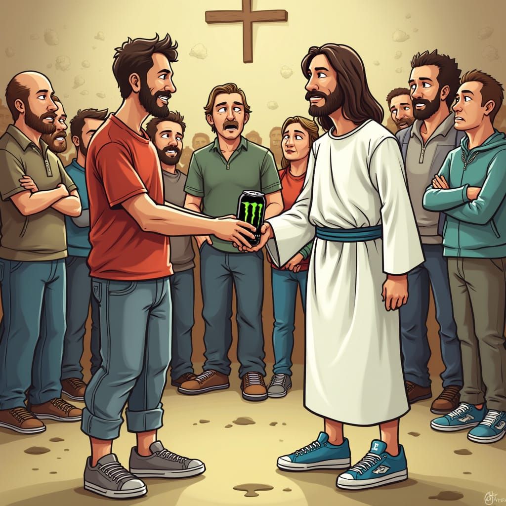 Jesus Accepts Energy Drink at Church, Cartoon Style