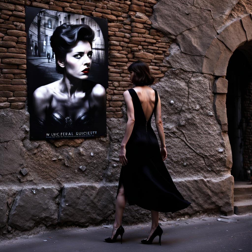 Woman in Black Dress near Ancient Wall