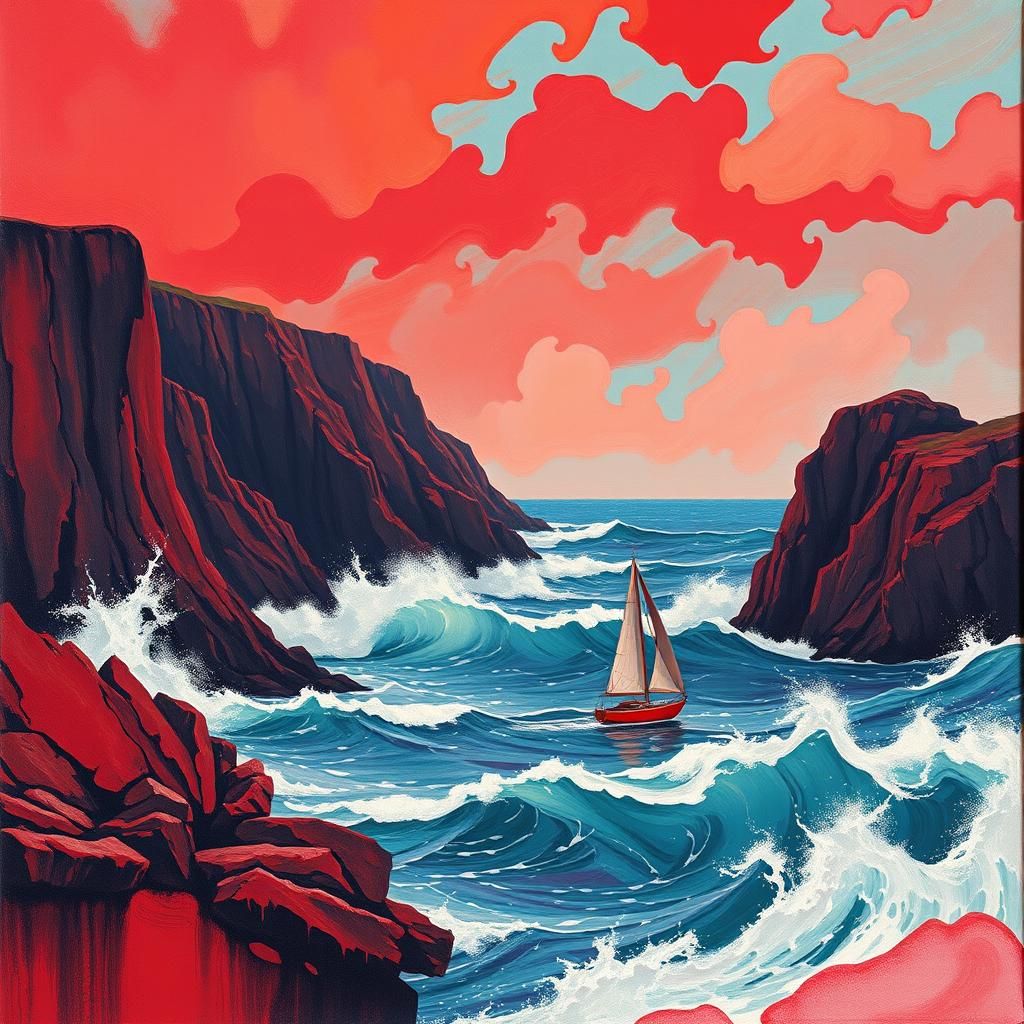 Crimson Sailboat Navigates Scarlet Storm: Fauvist Album Art