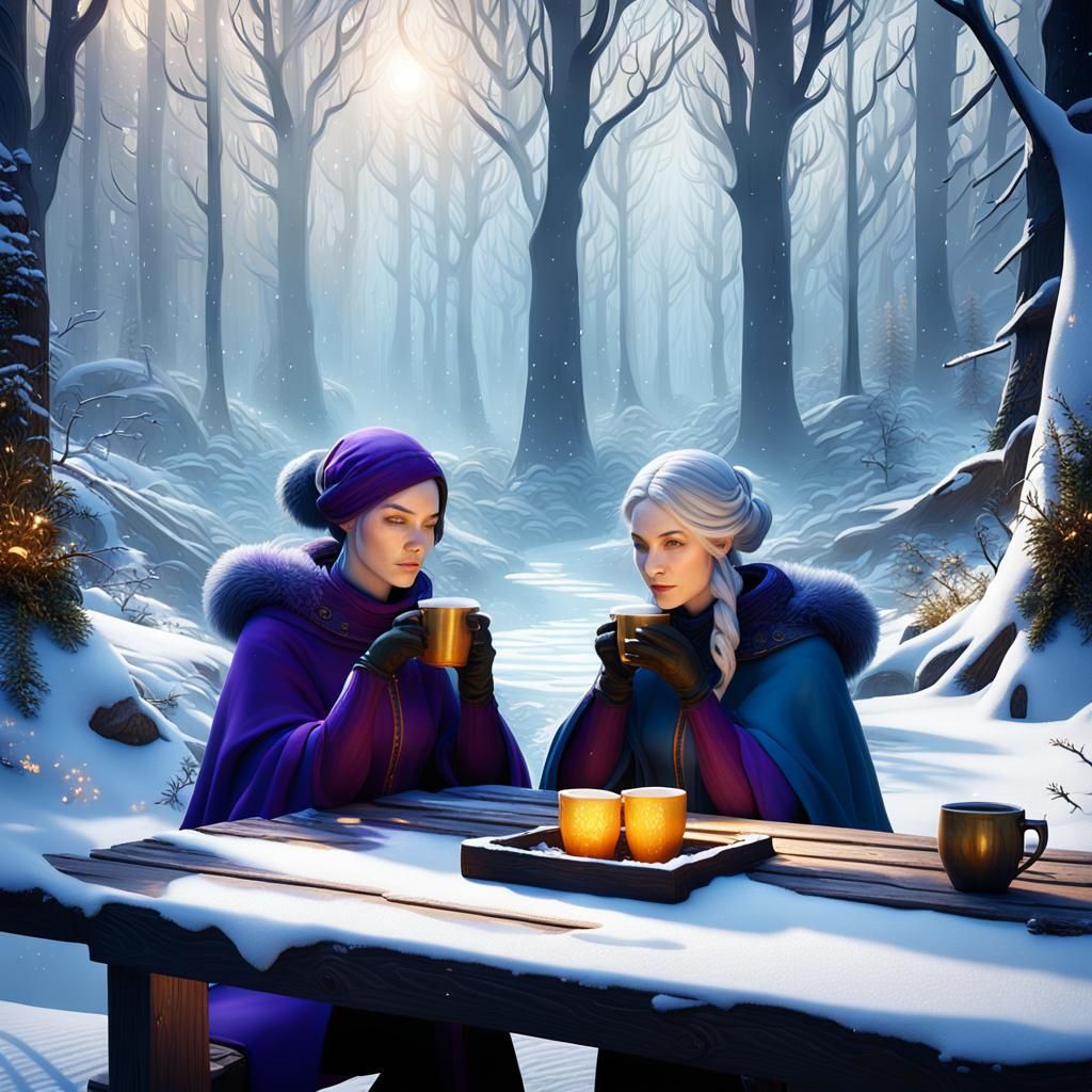 Fantasy Art: Women Enjoying Hot Cocoa in Winter