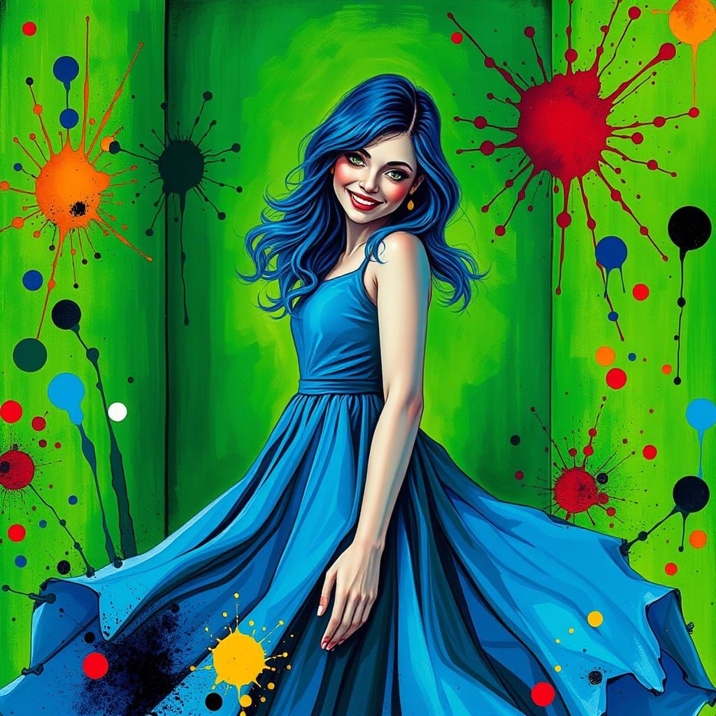 Blue-Haired Woman in Vibrant Abstract Room