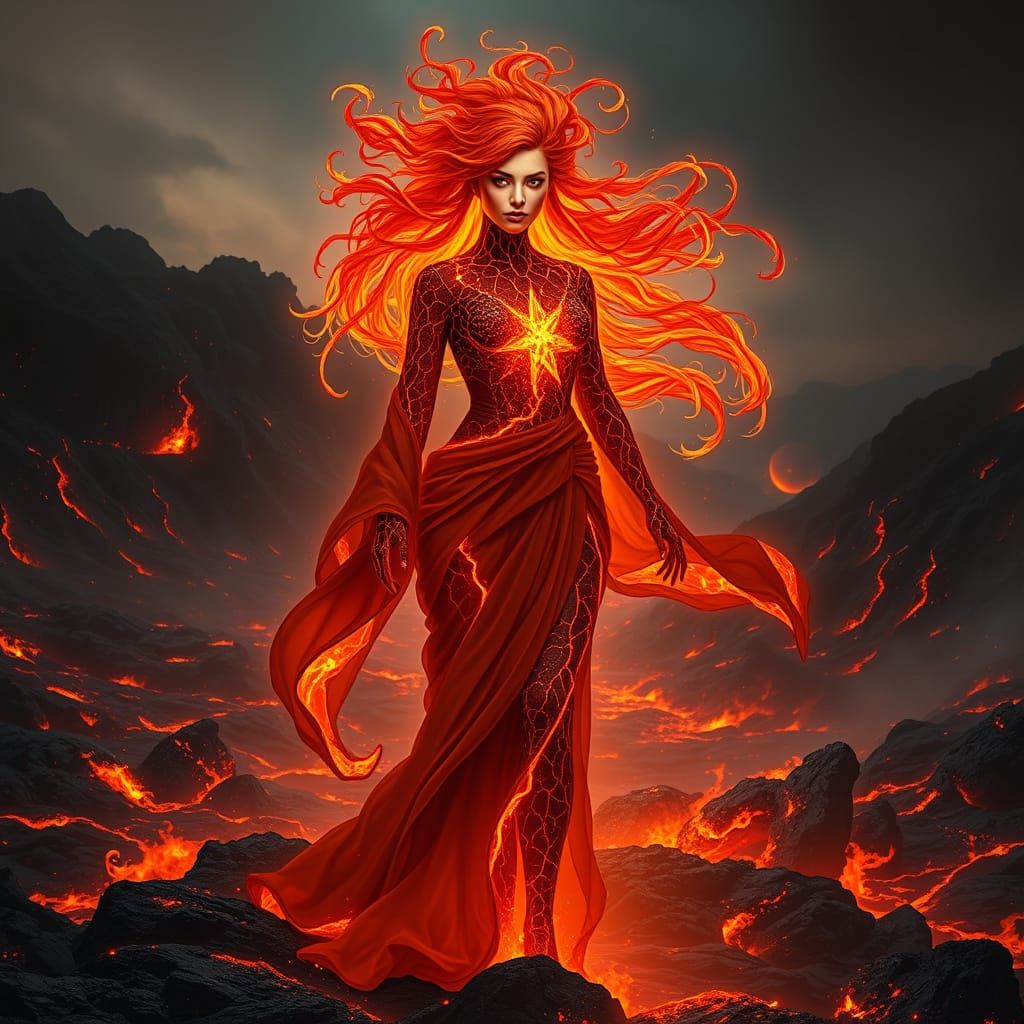 Lava Woman in Volcanic Landscape: Digital Matte Painting