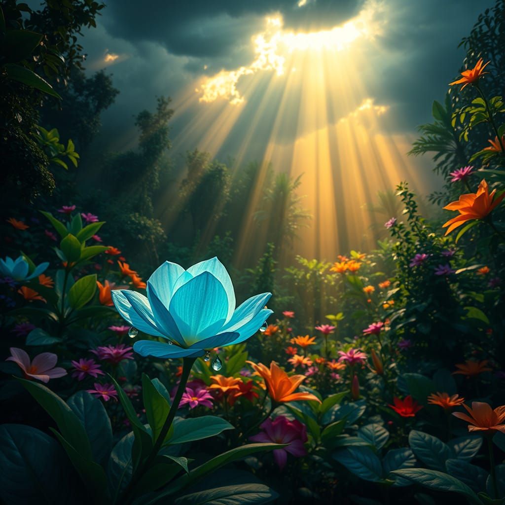 Azure Flower Blooms in Sunlit Garden Amidst Stormy Clouds