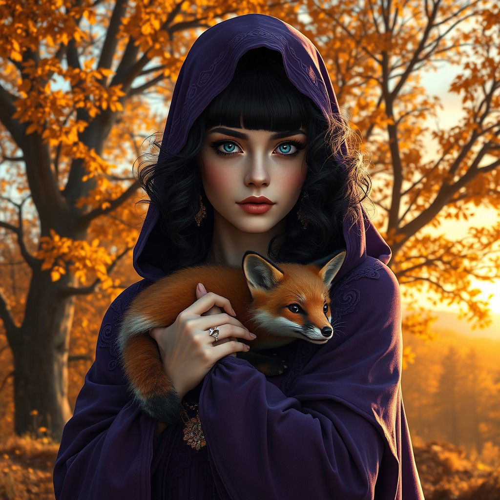 Mystical Sorceress with Fox in Autumnal Forest