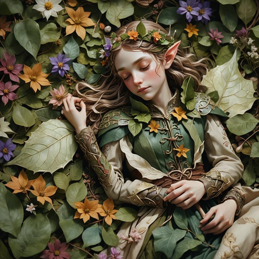 Whimsical Elf Sleeps in Forest, Hyperrealistic Art