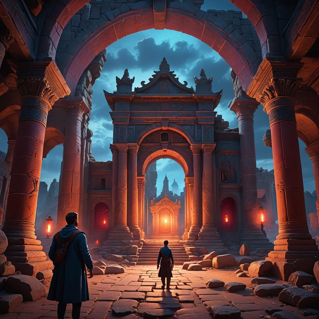 Teacher in Front of Ancient Structure