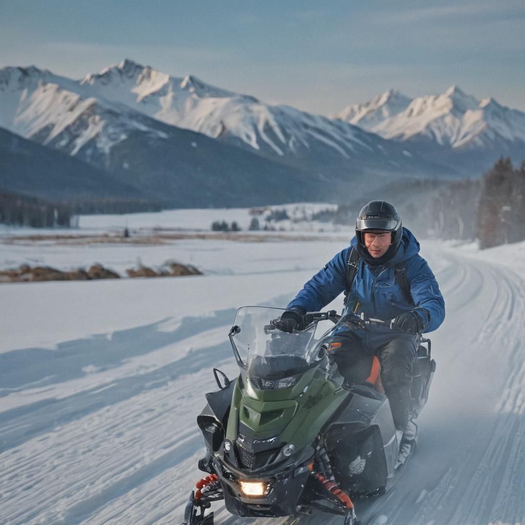 Snowmobile Rider in Winter Landscape: Cinematic Still