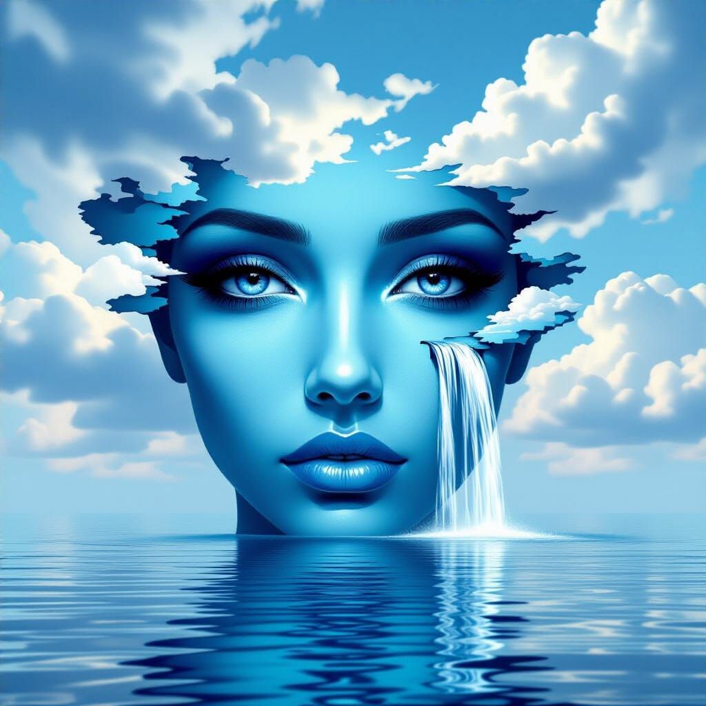 Surreal Female Face With Waterfall Amidst Dreamy Sky