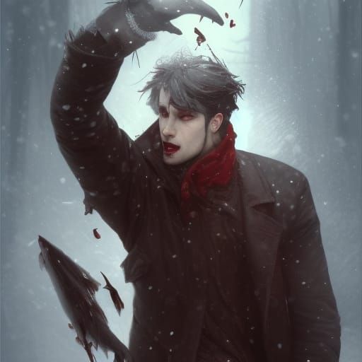 Handsome Vampire Portrait in Snow, Hyperdetailed Art