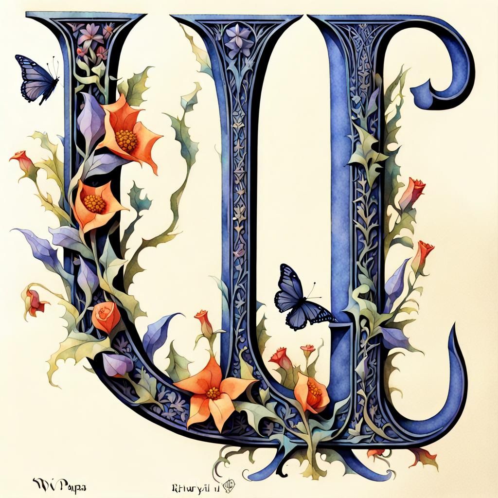 Gothic Letter W Made of Flowers and Butterflies