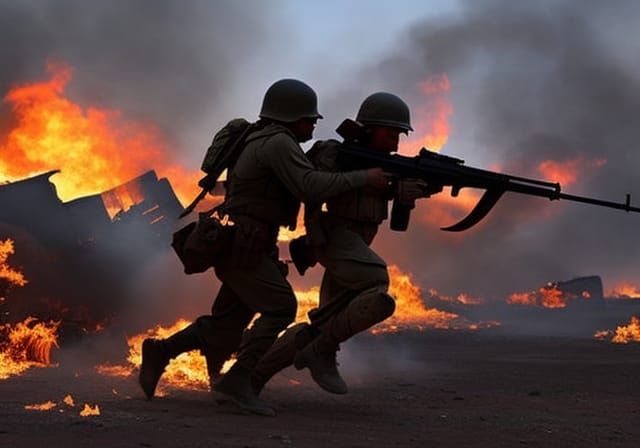 Infantryman Rescue Near Burning Village: Photorealistic 8K