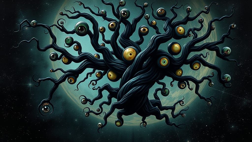 Twisted Surreal Tree of Many Psychedelic Eyes in Space