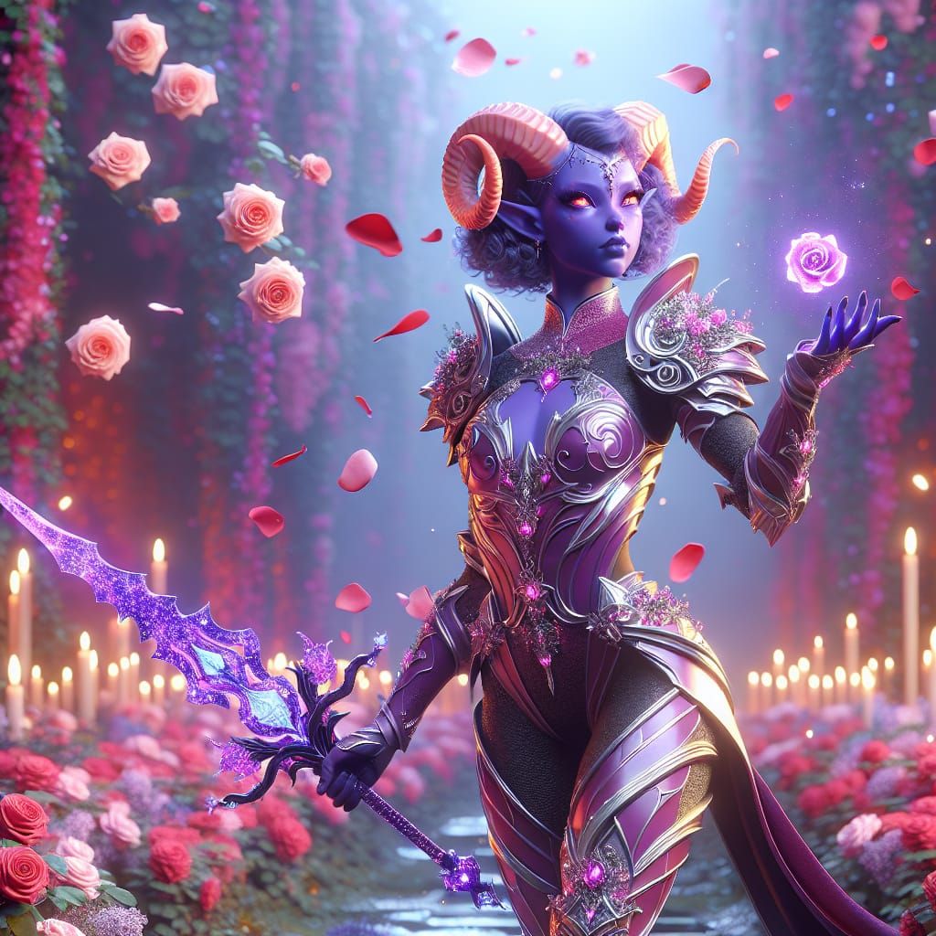 Violet Tiefling Cleric in Rose Garden, 3D Art