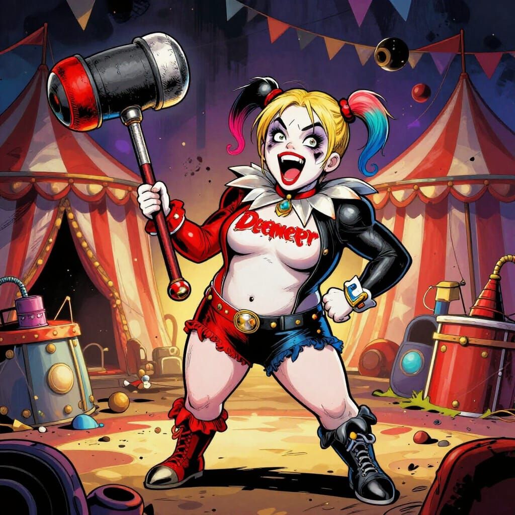 Obese Harley Quinn with Oversized Mallet in Circus Tent
