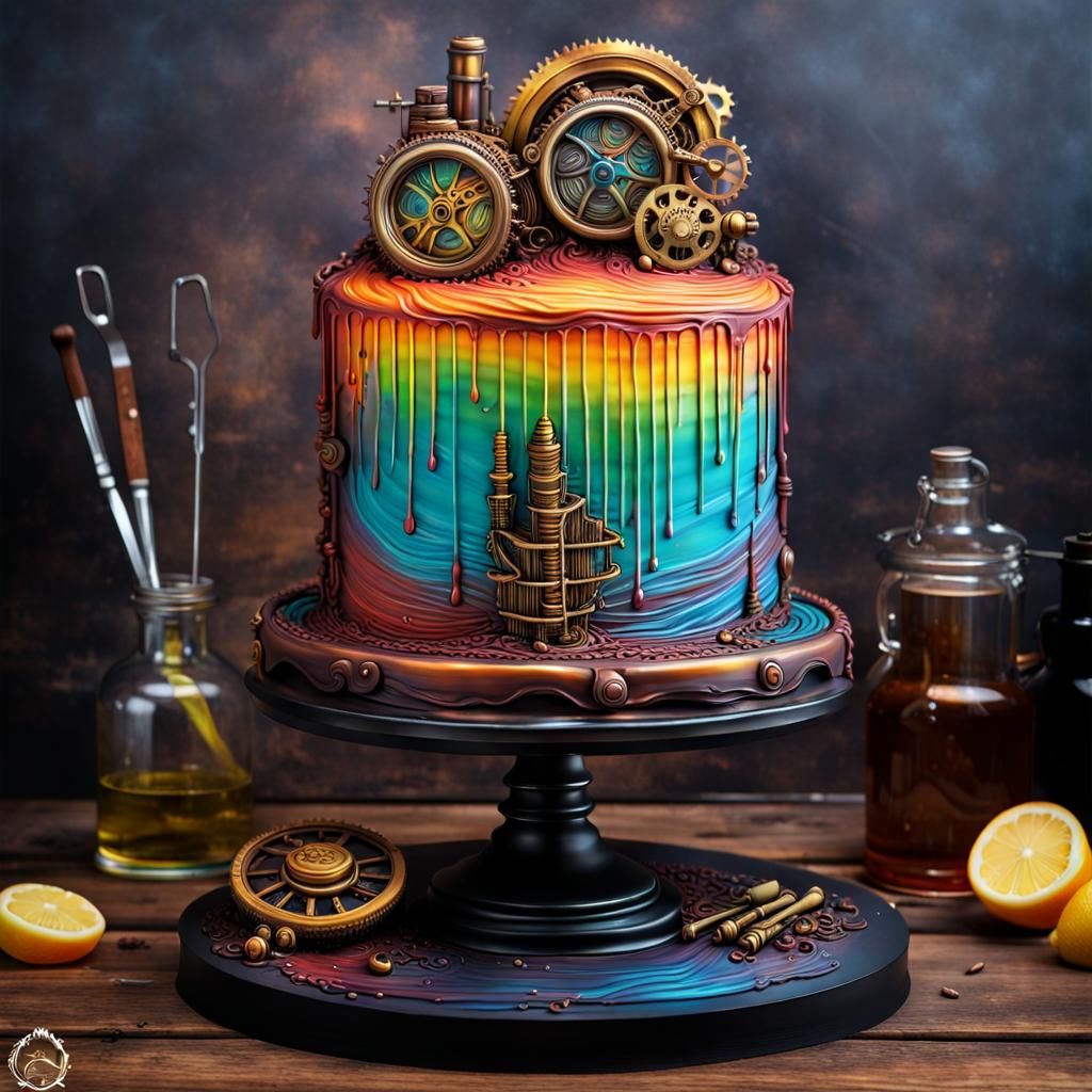 Steampunk Cake Sculpture in Oil Painting Style