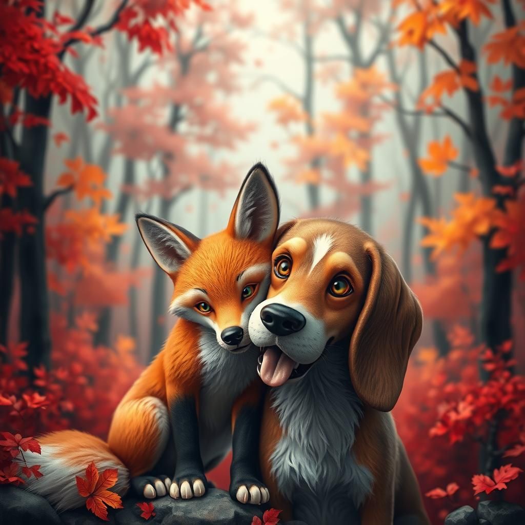 Whimsical Fox and Hound in Autumn Forest