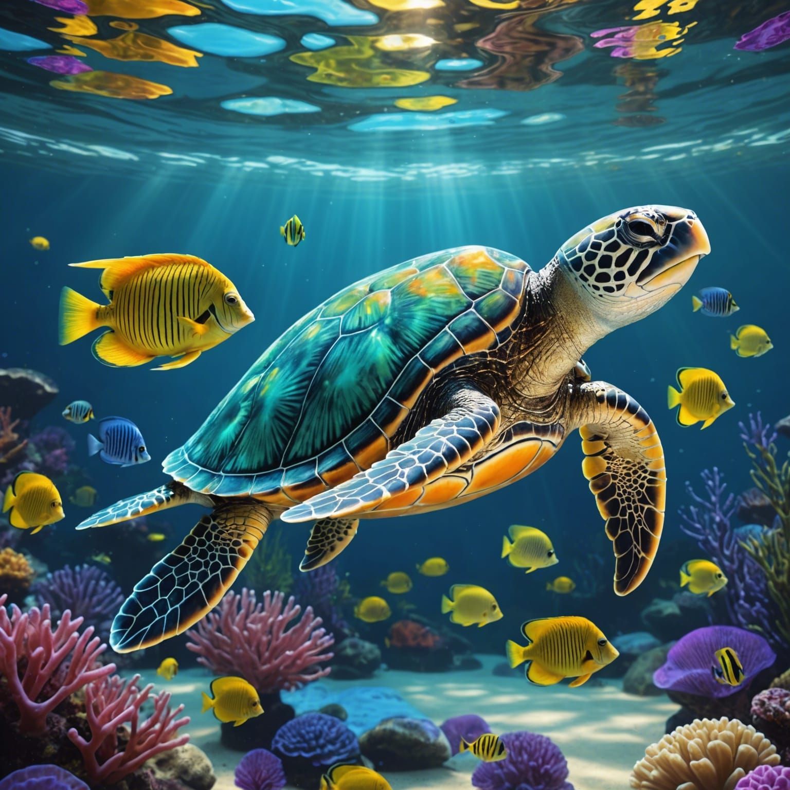 Glass Sea Turtle with Angel Fish in Hyperreal 3D
