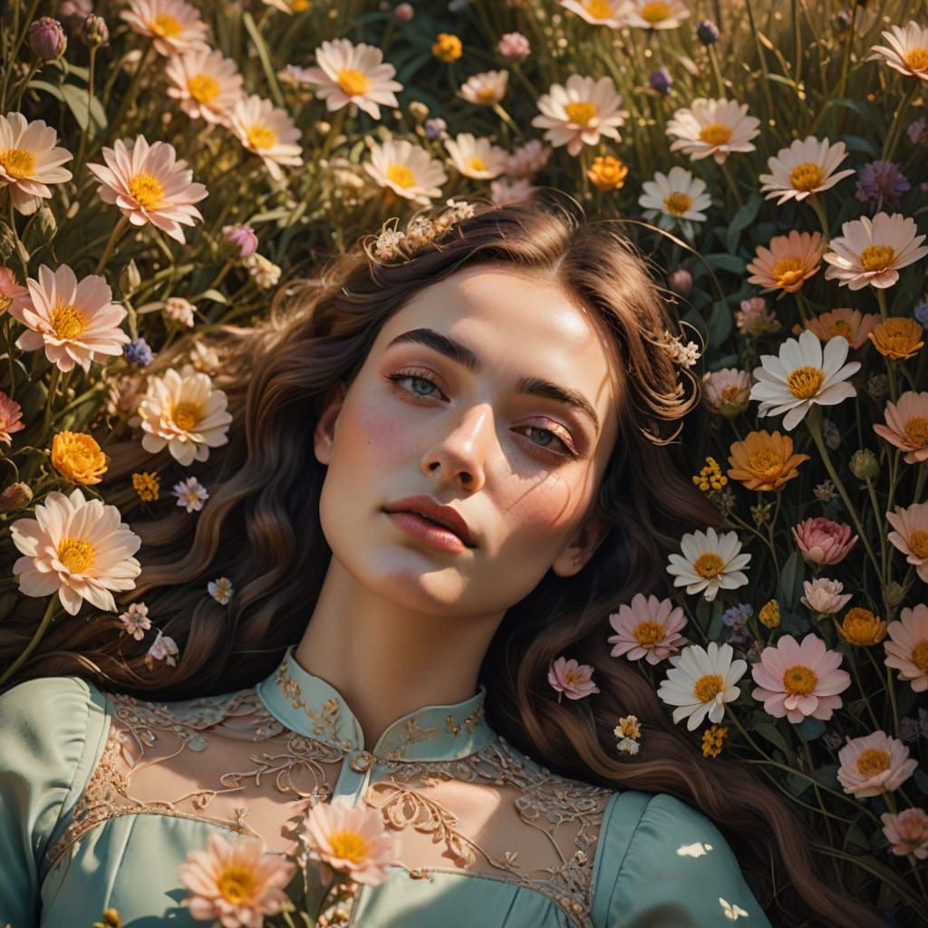 Surreal Girl in Vibrant Floral Dreamscape