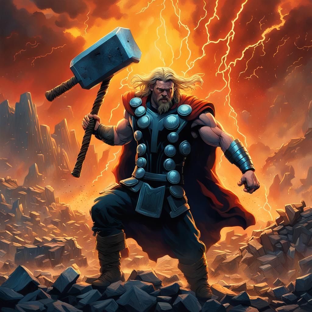 Thor's Furious Rage in War-Torn Landscape