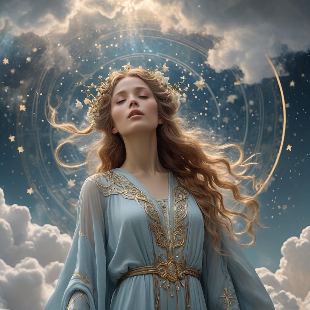 Ethereal Goddess in Celestial Robes, Art Nouveau Style