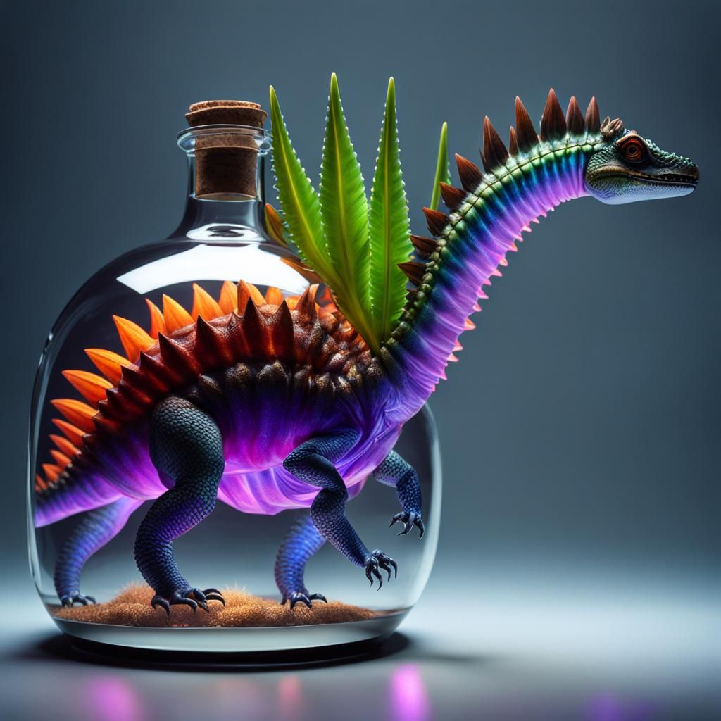 Miniature Stegosaurus in a Bottle: Hyperreal Digital Art