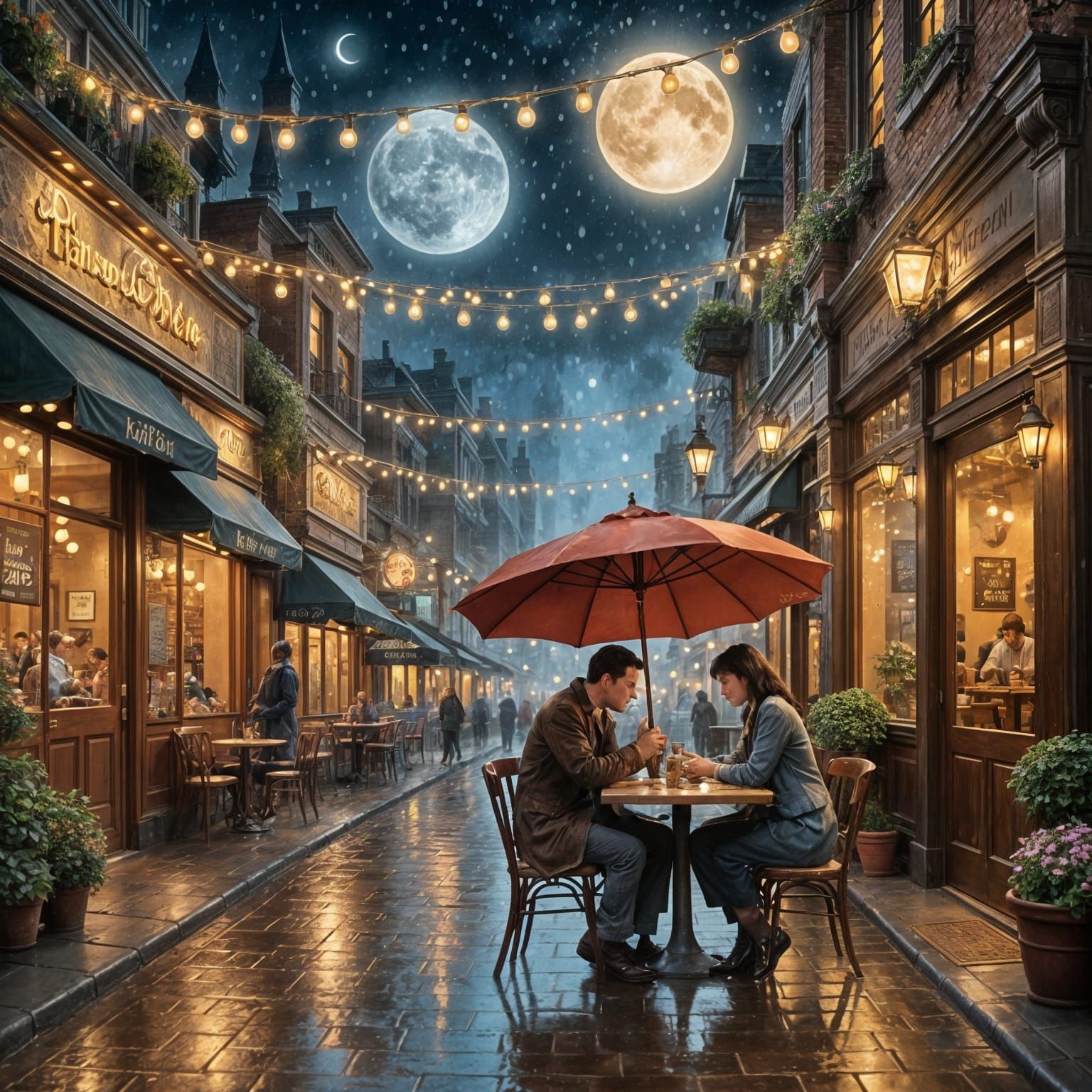 Romantic Nighttime Scene at Enchanted Cafe