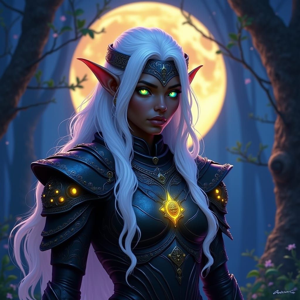 Ebony Elf in Moonlit Forest, in Dark Fantasy Style